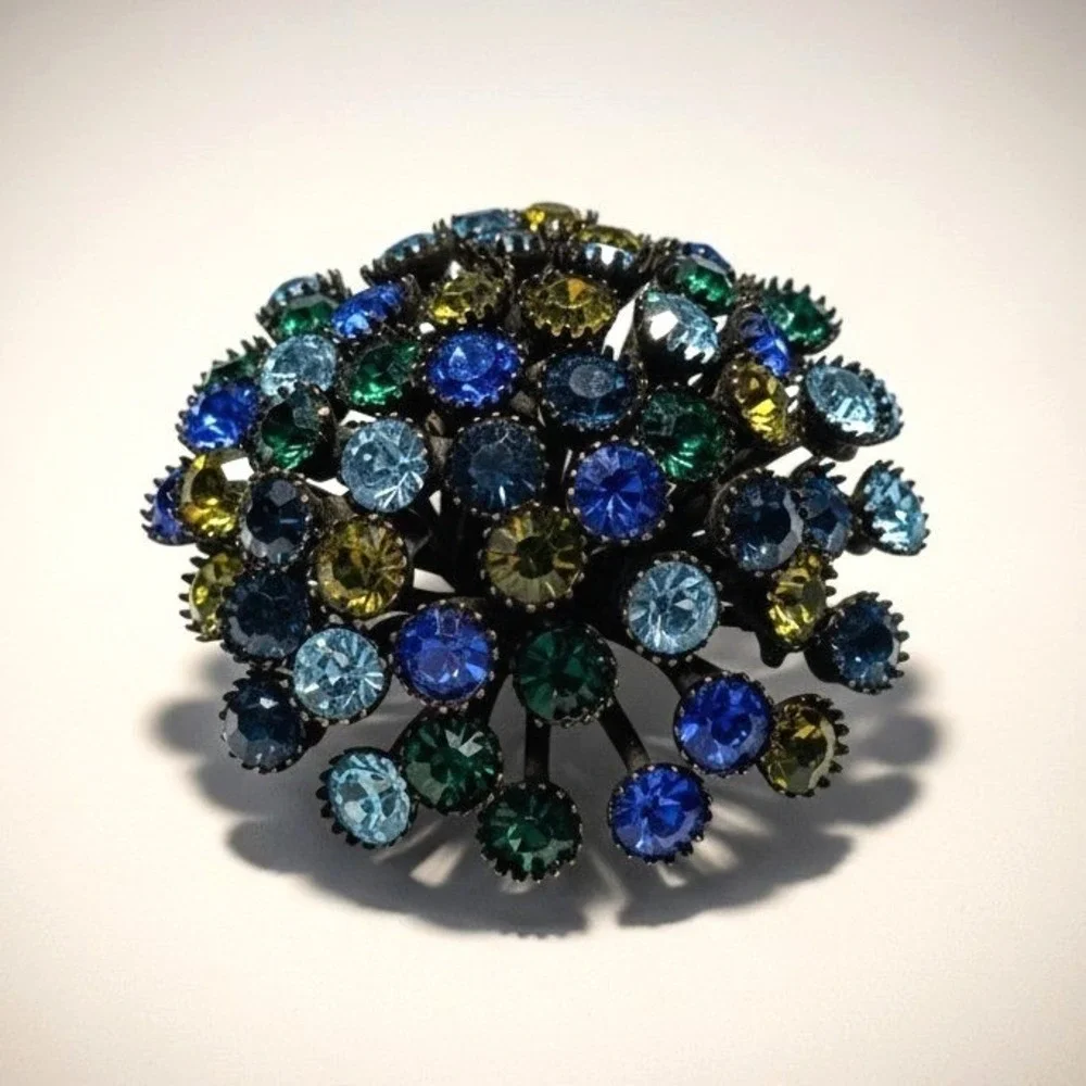 Vtg Rhinestone Brooch Dome Cluster Japanned Peacock Blue Green Statement 2
